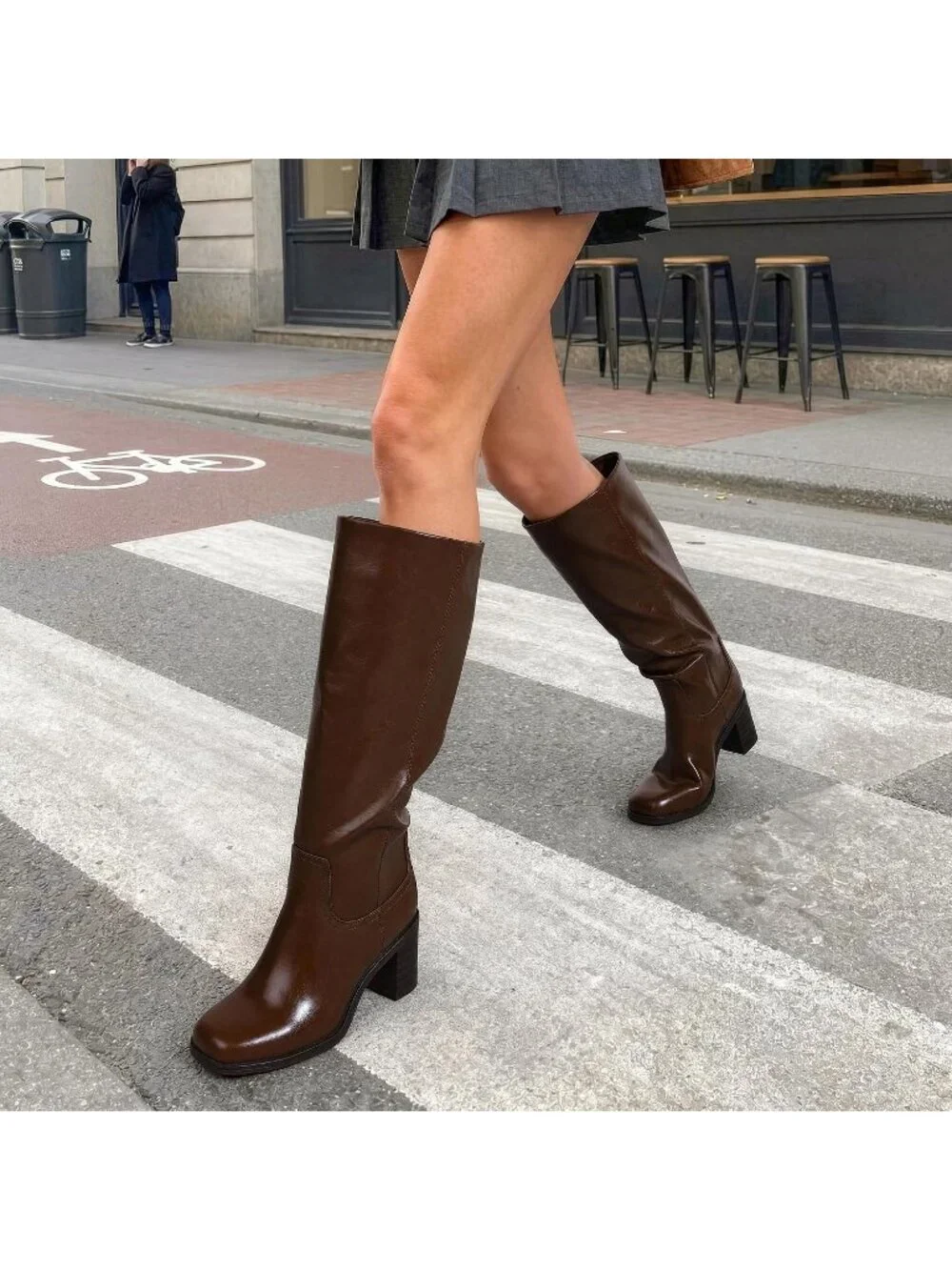 Women's Dark Brown Chunky Block Heel Square Toe Faux Leather Long Knee High Boot